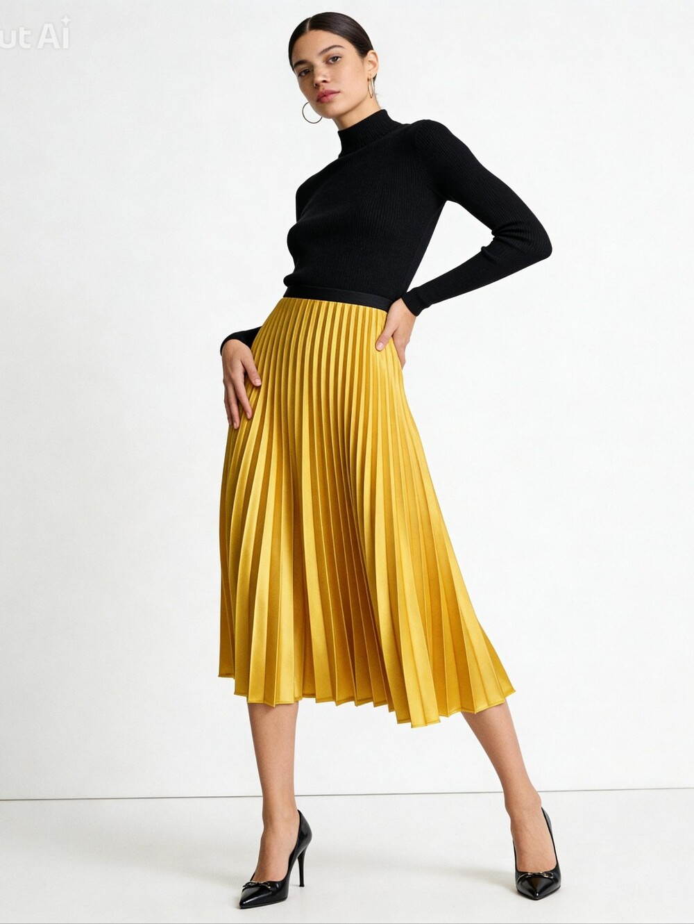 Yellow Skirt Pleated Black Waist Band Maxi Skirt Crepe Satin SMALL
